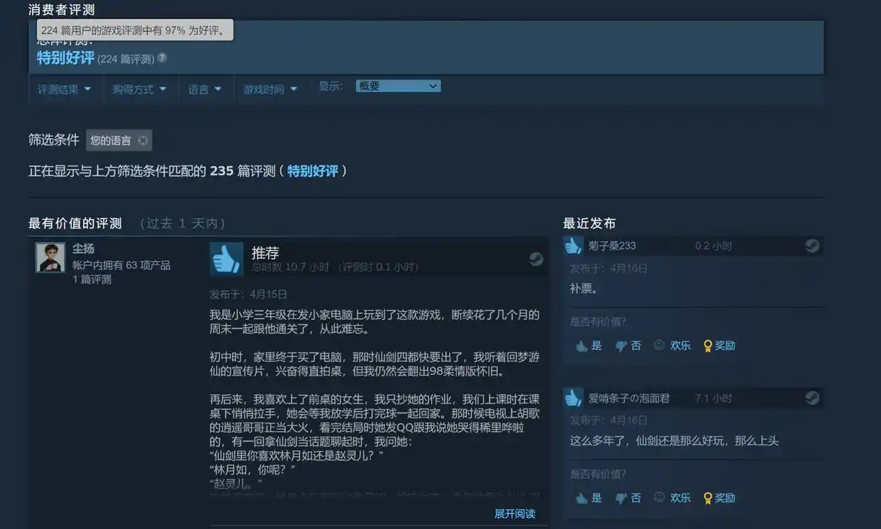 仙剑奇侠传1在Steam开售，好评度97%，玩家评价褒贬不一